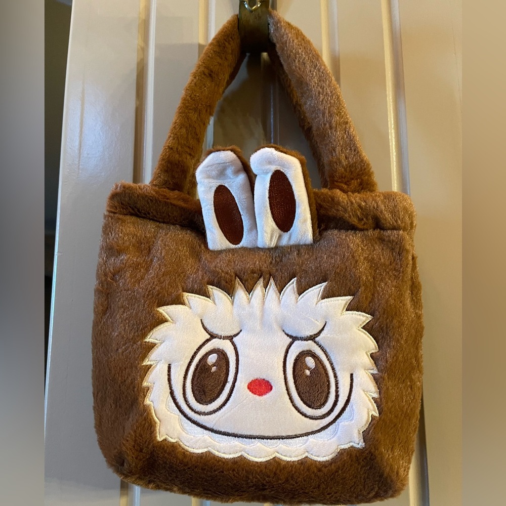 Brown Plush Tote Bag with Labubu type character Cute Face Design